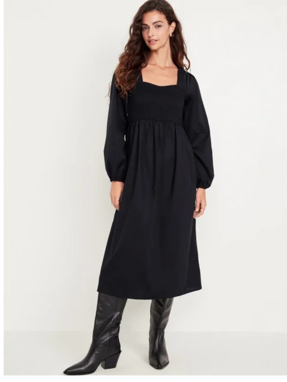 Old Navy Black Smocked Midi Dress with Long Puff Sleeves